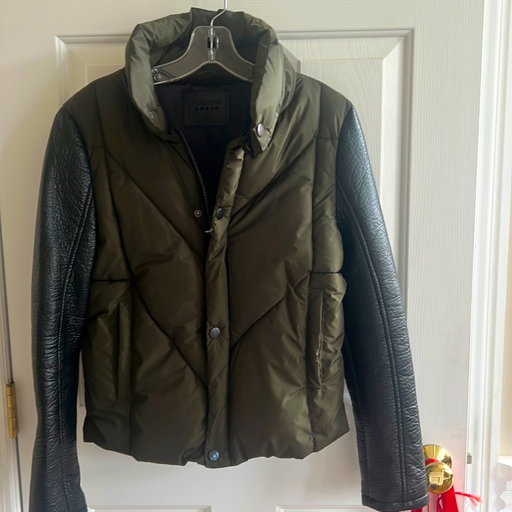 Blank nyc coat - army green down like base with leather-like sleeves.